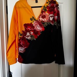 Floral Long Sleeve Top - Orange and Black